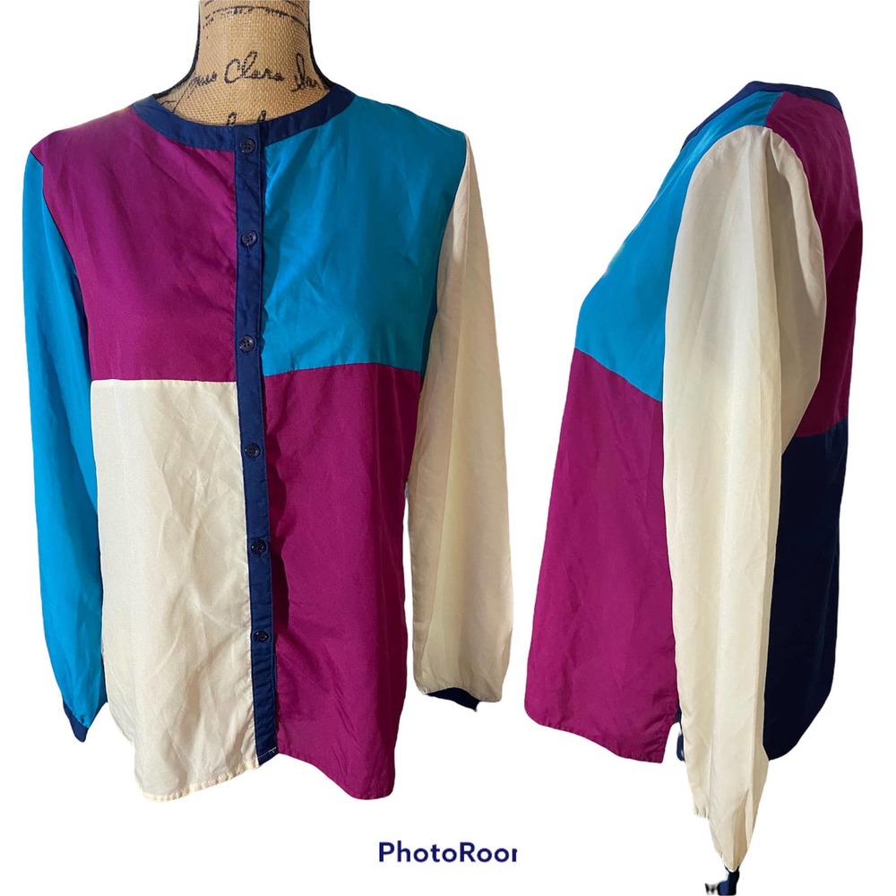 Vintage King James Blouse Medium Button Up Long Sleeve Color Block Collarless